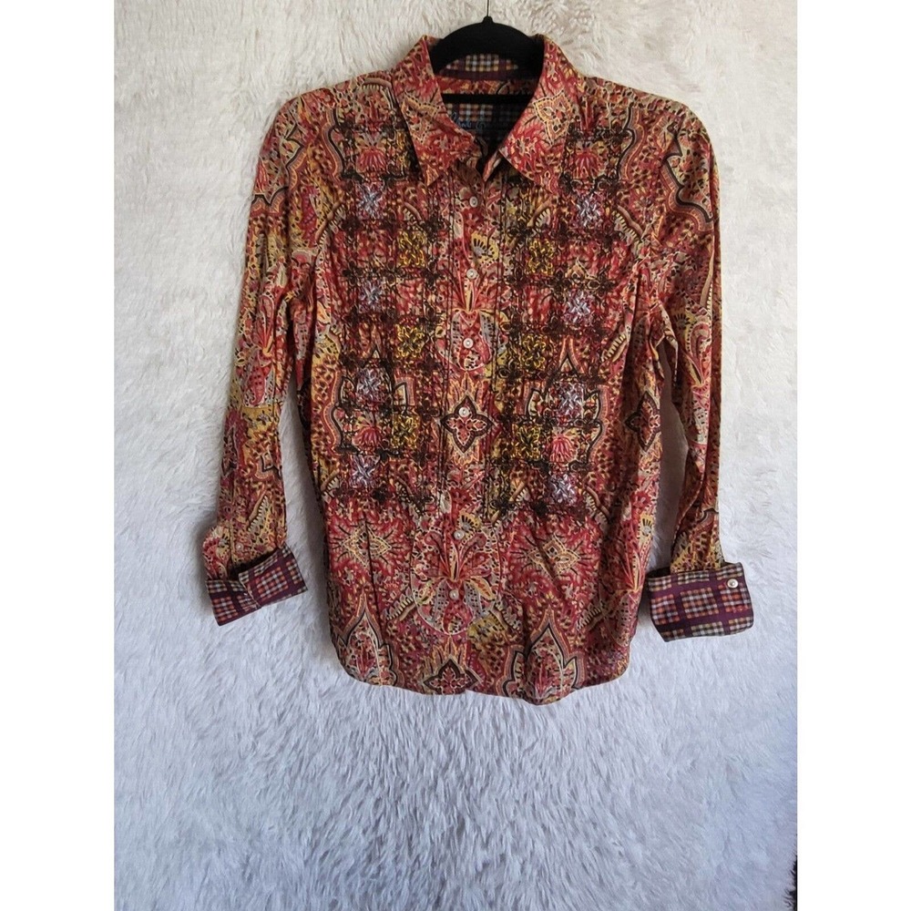 Robert Graham Button Up Shirt Women's Med Red Multi Color Abstract Long Sleeve